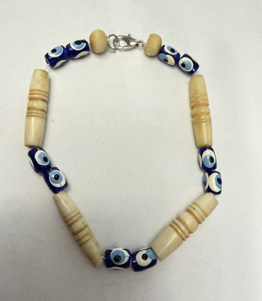 Blue, White & Beige Glass Beaded Bracelet/ Anklet Lobster Clasp, 8 in